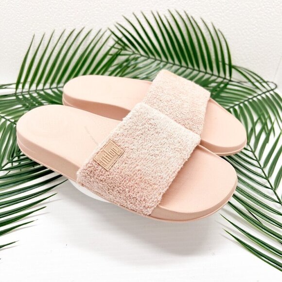 Fitflop iQUSHION Women's Towelling Slide Sandals Beige Buff Cotton Size 6 - Picture 2 of 9